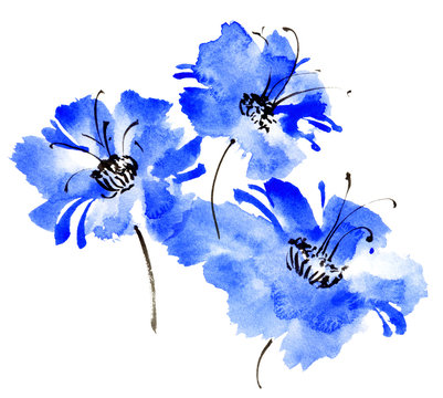Watercolor painted blue flowers bouquet