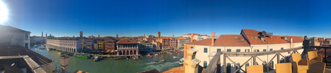 Fototapeta na wymiar Panoramic view over the Grand Canal and the skyline in Venice, Italy. Sunny day