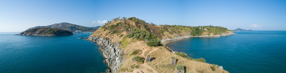 Naklejka premium Aerial view drone shot of panorama laem promthep cape,beautiful scenery andaman sea in summer season,phuket thailand Beautiful travel background and website design nature background