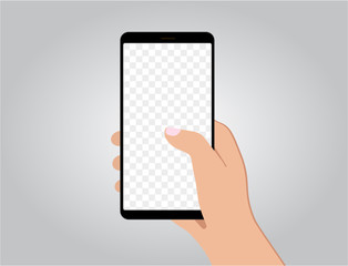 Mobile phone in flat style with transparent screen. Vector smartphone in hand icon with space for your text message on transparent display