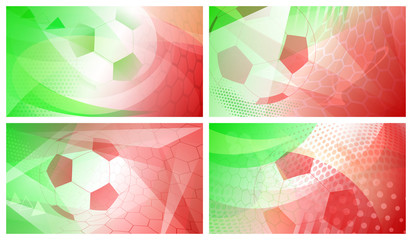 Set of four football or soccer abstract backgrounds with big ball in national colors of Italy or Mexico