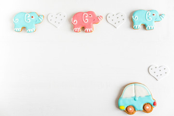 Background for a banner with elephants and car. Children banner. Frame for greeting card newborn boy. Blank for design childish banner with gingerbread.