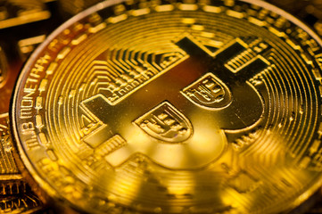 Bitcoins. Cryptocurrency, close-up