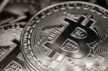 Bitcoins. Cryptocurrency, close-up