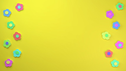 happy colourful flowers cut out of thick paper on a yellow background with an empty space in the middle