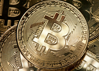 Bitcoins. Cryptocurrency, close-up