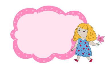 Frame for text with a cartoon girl. Children's frame for text. Banner for children clothing store. Banner template for kids. Cartoon print.