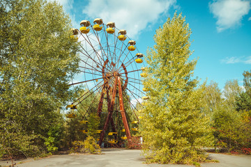 Abandoned amusement park in the city center of Prypiat in Chornobyl exclusion zone. Radioactive...