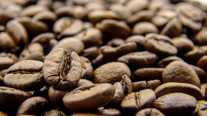 Close up of many roasted coffee beans