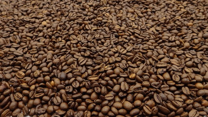 Top of view of roasted coffee beans