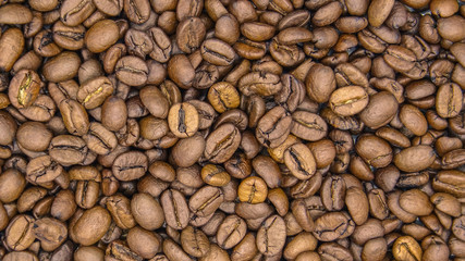 Top of view of roasted coffee beans