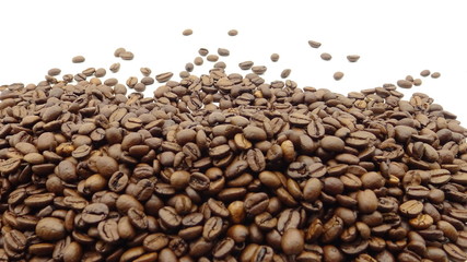 Close up of roasted coffee beans on white background