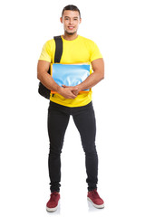 Student Studium junger Mann jung lachen Ganzkörper Portrait Jugendlicher Freisteller freigestellt