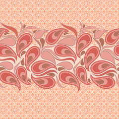 Lace horizontal seamless pattern with paisley. Vector print. Monochrome  background. Use for embroidery, braid, tape, ribbon. 
