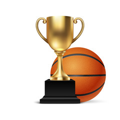 Realistic Vector 3d Blank Golden Champion Cup Icon wirh Basketball Set Closeup Isolated on White. Design Template of Championship Trophy. Sport Tournament Award, Gold Winner Cup and Victory Concept