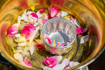 Water with jasmine and roses corolla in bowl