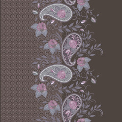 Lace paisley and roses, vertical seamless pattern. Vector print. Use for braid, tape, ribbon.