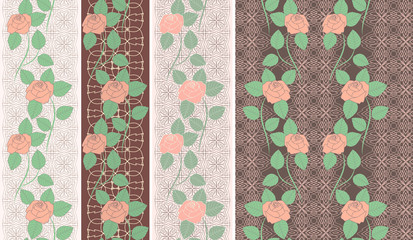 Lace roses vertical seamless pattern. Vector set of 4. Monochrome background. Use for embroidery, braid, tape, ribbon. 