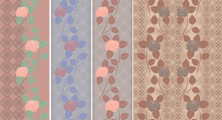 Lace roses vertical seamless pattern. Vector set of 4. Monochrome background. Use for embroidery, braid, tape, ribbon. 