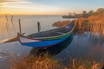 Sunrise on Fishing Boats in Aveiro Lagoon
