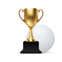 Realistic Vector 3d Blank Golden Champion Cup Icon wirh Golf Ball Set Closeup Isolated on White. Design Template of Championship Trophy. Sport Tournament Award, Gold Winner Cup and Victory Concept
