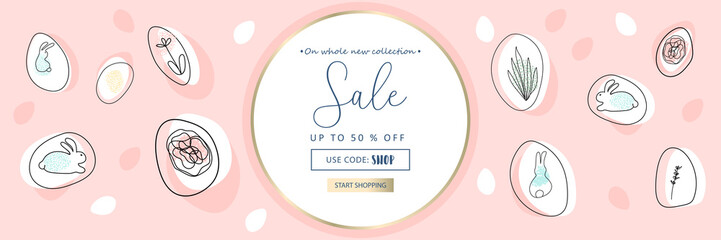 Happy Easter advertising banner with different organic shapes and doodles of flowers, eggs and bunny animals 