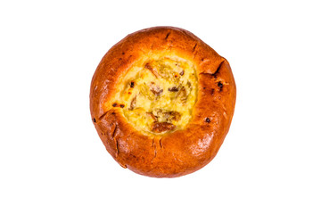 Sweet bun with cottage cheese and raisins isolated on a white background