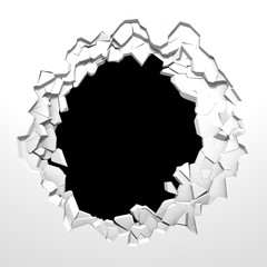 Dark destruction cracked hole in white stone wall
