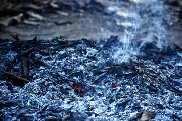 fire brigade is extinguishing with little flames and black ash and faint white smoke.