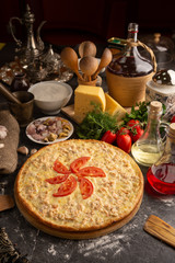 Pizza with small shrimps for a restaurant menu.