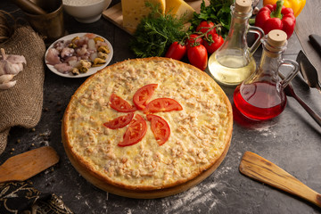 Pizza with small shrimps for a restaurant menu.