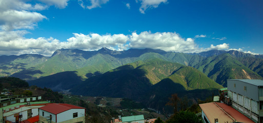 Taiwan mountains, snowy mountains, blue sky and white clouds, good air