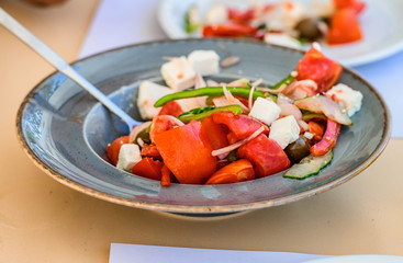 Greek salads at cyclades taverna, Paros island Greece