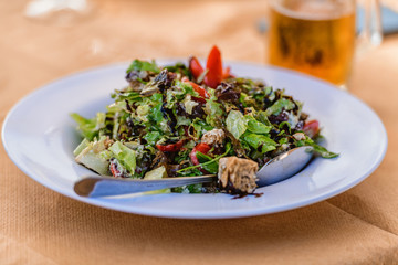 Greek salads at cyclades taverna, Paros island Greece