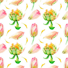 watercolor drawing flowers in a cut, tulip, seamless pattern