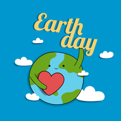 Mock up Paper Cut Earth Day Cartoon with World, Heart and cloud  for Banner, Card Design, Poster on blue background .