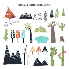 Big set of diferent floral and outdoor elements. Cute handdrawn kids clip art collection. - 255785073