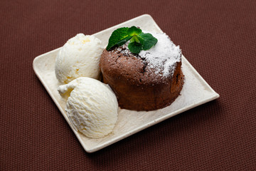 chocolate fondant with mint and ice cream