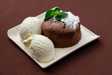 chocolate fondant with mint and ice cream