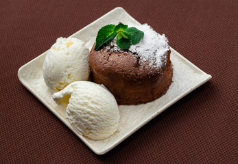 chocolate fondant with mint and ice cream