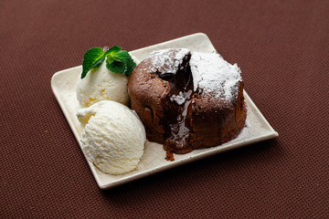 chocolate fondant with mint and ice cream