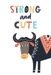 Stark und süß - Niedliches handgezeichnetes Kinderzimmerposter mit Kuh und Schriftzug auf weißem Hintergrund. © Oksana Stepova