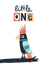 Little one - Cute kids hand drawn nursery poster with parrot and lettering on white background.