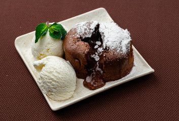chocolate fondant with mint and ice cream