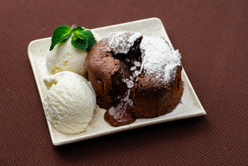 chocolate fondant with mint and ice cream