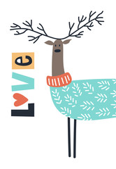 Love - Cute kids hand drawn nursery poster with deer and lettering on white background.