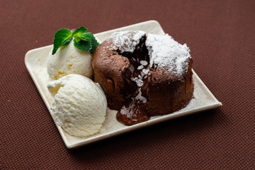 chocolate fondant with mint and ice cream