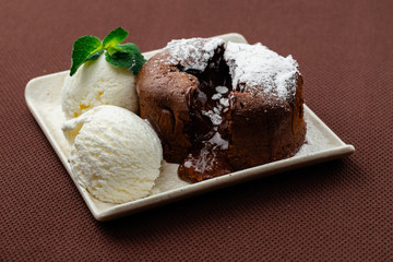 chocolate fondant with mint and ice cream