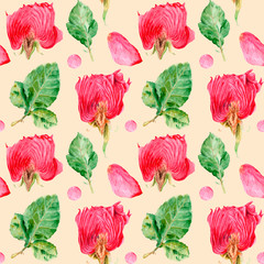watercolor drawing flowers in a cut, rose, seamless pattern