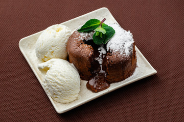 chocolate fondant with mint and ice cream